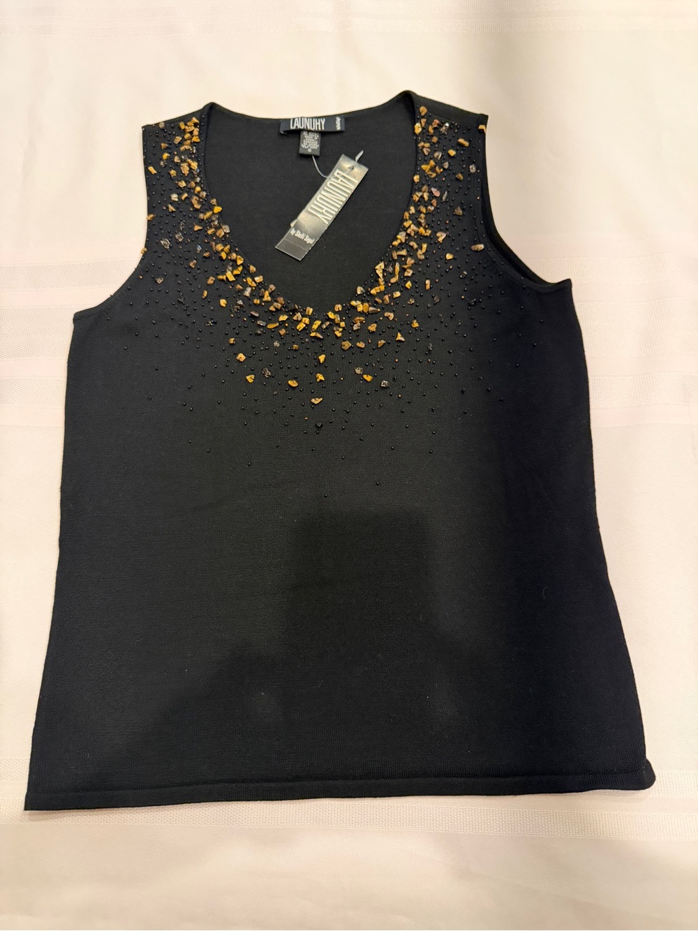 Laundry By Shelli Segal Black Knit Tank Top-Amber/Blk Bead Embellishment Size S